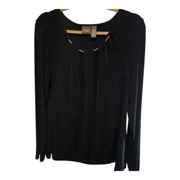 CHICOS TRAVELERS BLACK LONG SLEEVE TUNIC SIZE 1 MEDIUM (8) COLLAR GOLD ACCENT - Picture 1 of 9